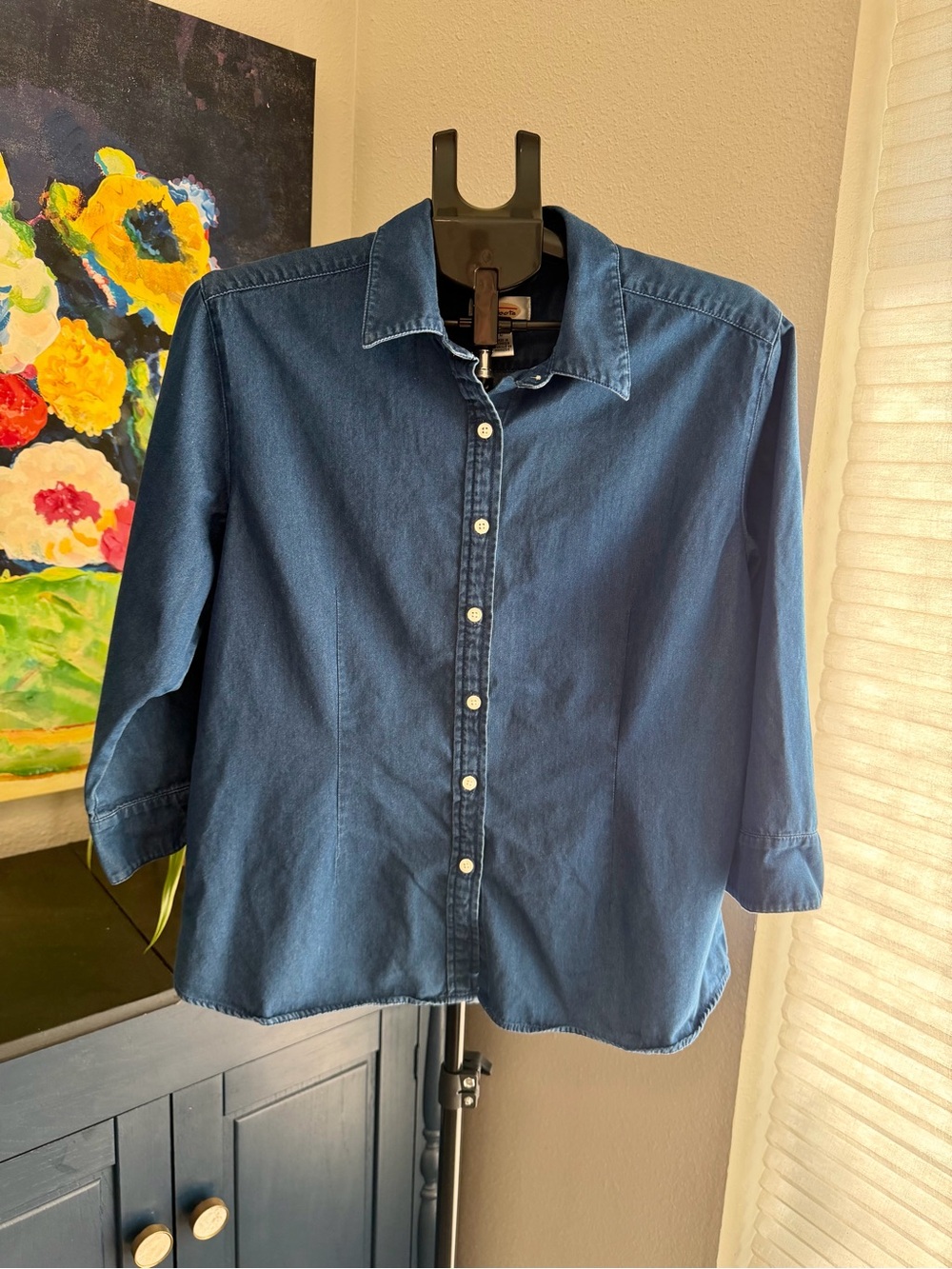 Talbots Blue Chambray Denim Button Front Shirt 3/4 Sleeve L 100% Cotton